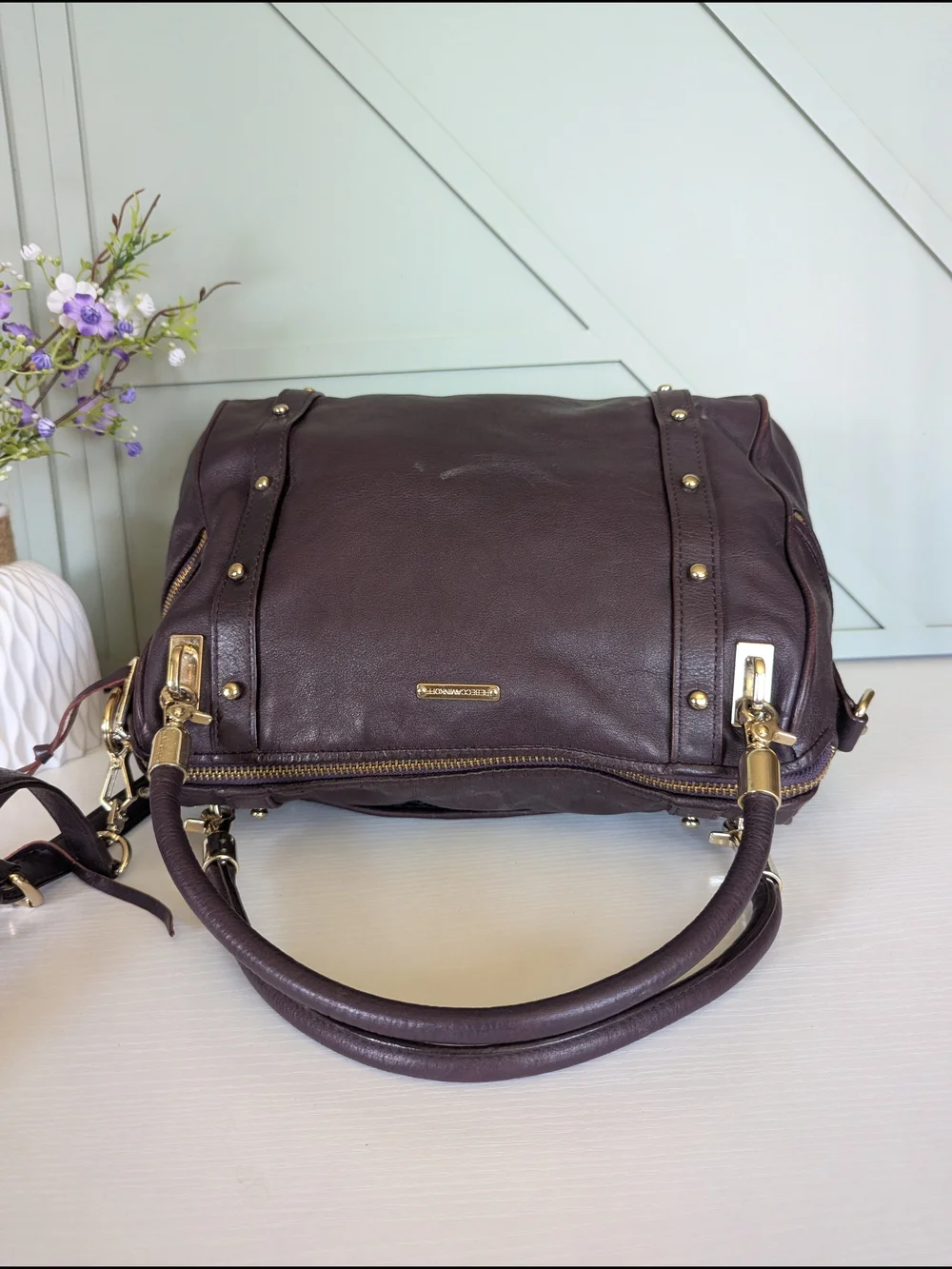 Rebecca Minkoff Plum Leather Shoulder Satchel with Gold Hardware